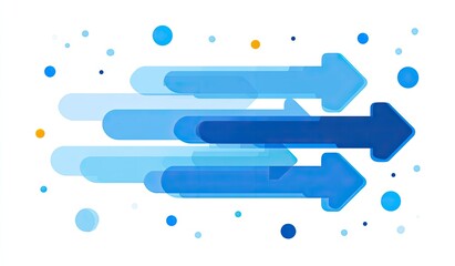 Multiple blue arrows, motion blur, and circles on a white background