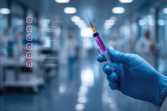 Gloved hand holds syringe with purple liquid, blurred medical background with checkmarks