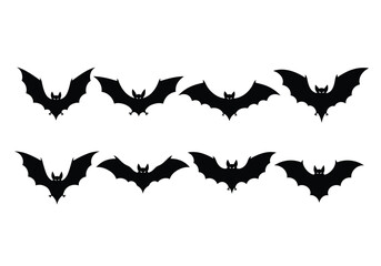 A collection of eight black bat silhouettes in flight, displayed in two rows against a white background, suggesting a spooky or Halloween theme.