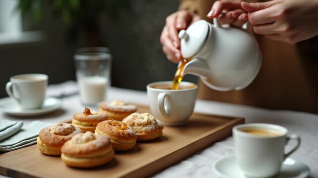 Morning Tea Ritual: Graceful Hands Pouring Hot Tea into Porcelain Cups on Wooden Tray with Fresh Pastries and Linen Napkins - Stock Photo Concept with Empty Space