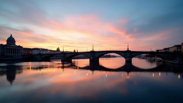 Reflective Sunrise Over City River: Pastel Sky Hues Mirrored in Calm Water with Historic Bridge in Foreground - Perfect for Photo Stock Concept, Space for Text