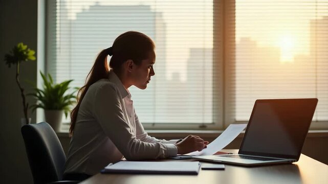 Professional at Desk: Early Office Start with Laptop and Reports Under Soft Sunrise Light - Ideal for Business and Productivity Themes