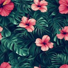 Vibrant Tropical Hibiscus Flowers and Lush Green Leaves Background