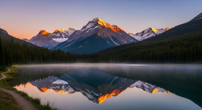 Majestic mountain peaks reflected in a serene lake at sunrise, with a tranquil forest and misty atmosphere creating a breathtaking landscape in the heart of nature