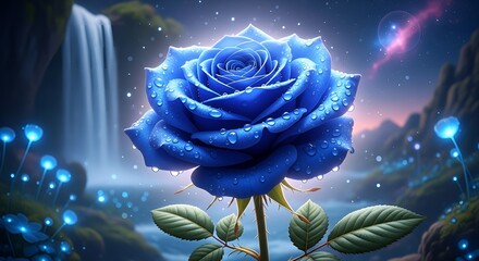 A captivating closeup of a single, vibrant blue rose in full bloom, adorned with delicate water droplets, set against a backdrop of a serene waterfall and lush greenery, exuding beauty