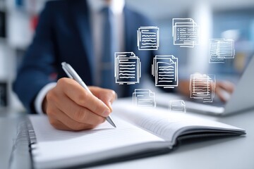 Businessman writing in notebook, document icons overlay (1)