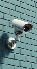 Security camera mounted on teal brick wall