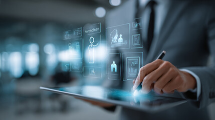 Modern businessman using digital tablet for project planning and data analysis with futuristic interface