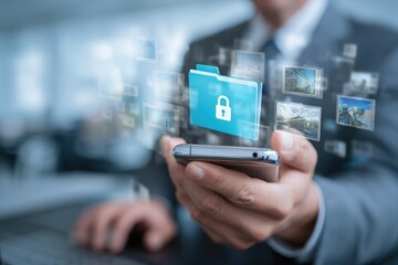 Businessman holding phone with digital folder, secure photos