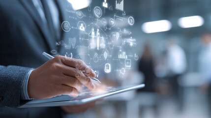 Dynamic executive using tablet with data overlay for modern business strategies and digital transformation success