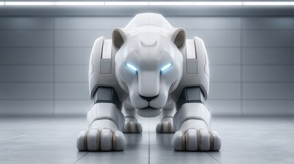 Fototapeta premium A futuristic robotic lion, sleek and white, crouches in a modern environment, illuminated by soft blue lights, combining technology with wildlife aesthetics.