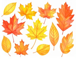 Fototapeta premium A vibrant watercolor set of autumn leaves. A collection of colorful fall foliage including maple and oak, isolated on a white background.