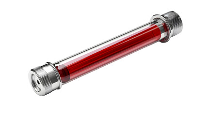 A horizontal glass tube with a red liquid inside and metal caps on both ends on a black background