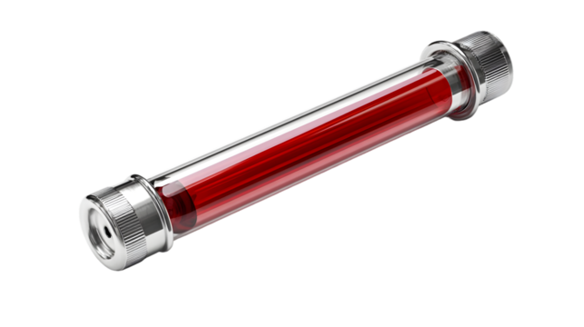 A horizontal glass tube with a red liquid inside and metal caps on both ends on a black background - Powered by Adobe