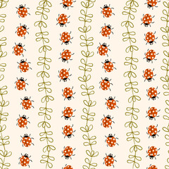 Cute Ladybug Stripes Seamless Pattern with Forest Nature Elements. Leaf vines. Charming Woodland Insect Design. Autumn, spring, summer background.