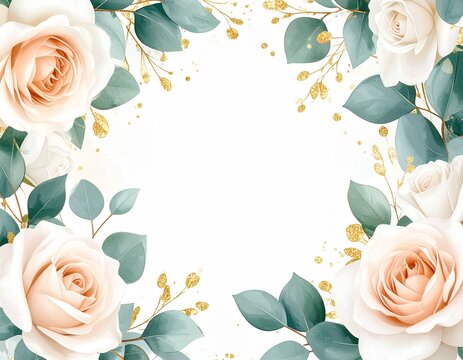 Elegant watercolor floral frame with blush roses, eucalyptus leaves, and gold glitter accents. Romantic botanical background design. - Powered by Adobe