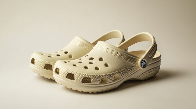 beige crocs on a grey background