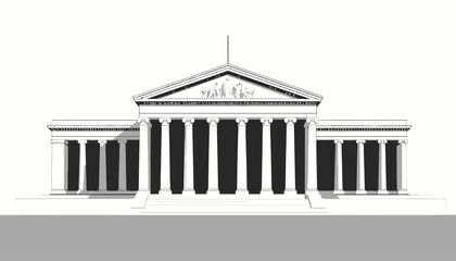 Obraz premium A minimalist black and white illustration of a grand neoclassical building, featuring a prominent colonnade and pediment. A symbol of classicism, history, and institutional architecture.