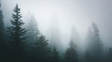 A misty forest at dusk, tall pines shrouded in fog, evoking a sense of mystery and quiet solitude.
