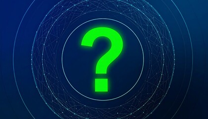 Question mark in glowing green, surrounded by concentric circles and a network