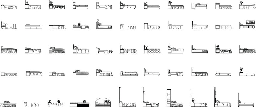 Vector Collection of Beds Side and Front Elevation in Black and White Outline