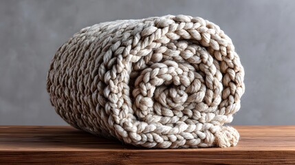 Rolled up chunky knit throw blanket on a wooden surface.