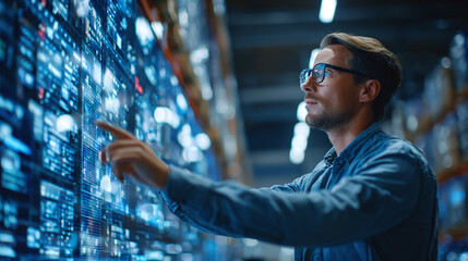 Innovator interacts with advanced data interface, visualizing future technology trends with focus and determination