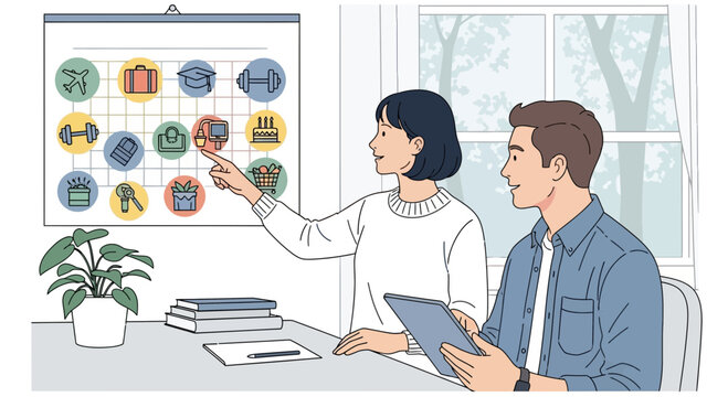 A woman points to a calendar with fitness icons while a man holds a tablet, discussing a workout plan in a bright, indoor setting. - Powered by Adobe