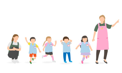 Obraz premium カラフルな幼稚園児と保育士のイラストセット