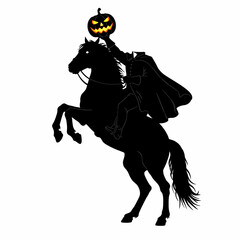 Fototapeta premium Spooky headless horseman with pumpkin head silhouette on riding horse