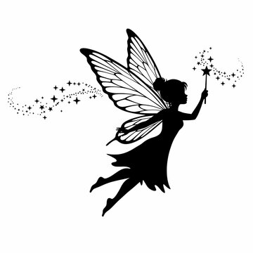 Whimsical fairy silhouette spreading magic with star wand and pixie dust