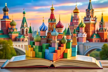 St basils cathedral in moscow made of colorful blocks on an open book