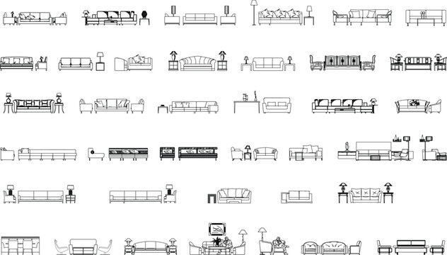  Vector Collection of Sofas and Armchairs Front Elevation in Black and White Outline