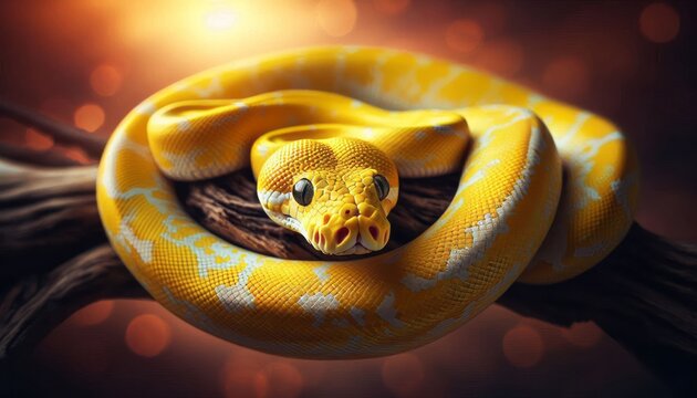Yellow tree python on a branch. Snake on a branch.