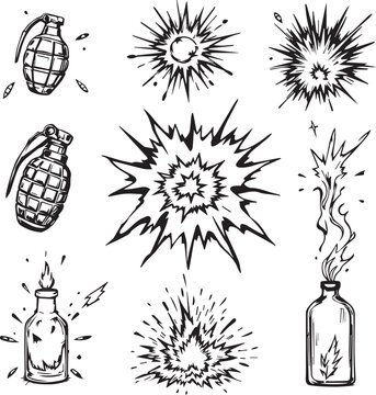  A collection of explosive icons, including grenades and a molotov cocktail in a hand drawn style