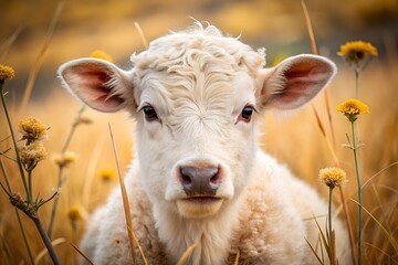 Obraz premium Closeup portrait of a cute white calf in a grassy field