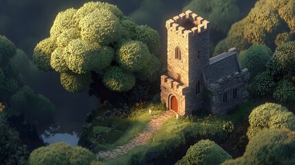 Stone church nestled in a sunlit forest.