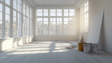 Fototapeta premium Bright and Spacious Empty Room with Large Windows and Natural Light in Modern Interior Design Style