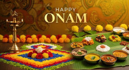Obraz premium Happy Onam Greeting Poster with Bold Text and Traditional Floral Design – Kerala Festival Commercial Background
