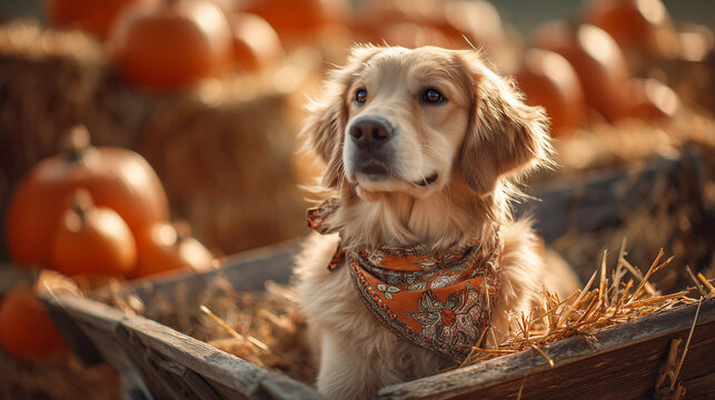 Golden Retriever Wearing Bandana Sitting in Pumpkin Patch with Hay Bales