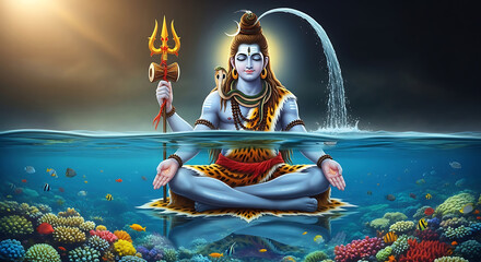Lord Shiva meditating in ocean with coral reef and fish 1