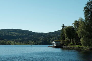 Fototapeta premium Tranquil Lakeside Retreat with Charming Cottage Nestled Among Verdant Trees and Serene Waters Under Clear Blue Skies