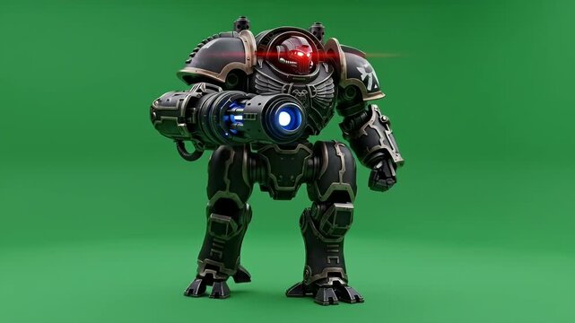 A 3D animated  heavy combat robot for chroma key on a green screen background