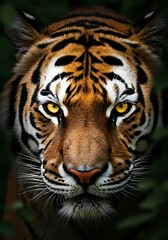 Fototapeta premium An intense portrait of a majestic tiger, showcasing its striking face, piercing eyes, and intricate fur pattern in the heart of the jungle
