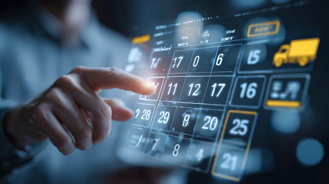 Man's finger touches digital calendar interface scheduling delivery logistics and business planning