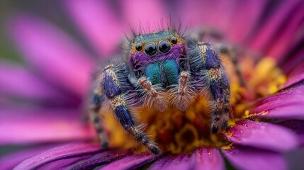 Colorful close-up of a jumping spider on a vibrant flower in a natural setting