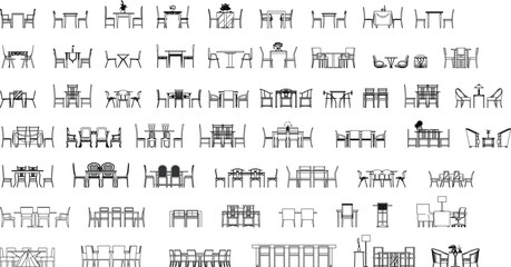 Vector Collection of Tables and Chairs Front Elevation in Black and White Outline