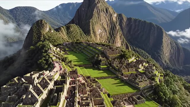 Aerial view of Machu Picchu, Peru, showcasing ancient ruins nestled in mountains, with tourists exploring. Ideal for travel brochures