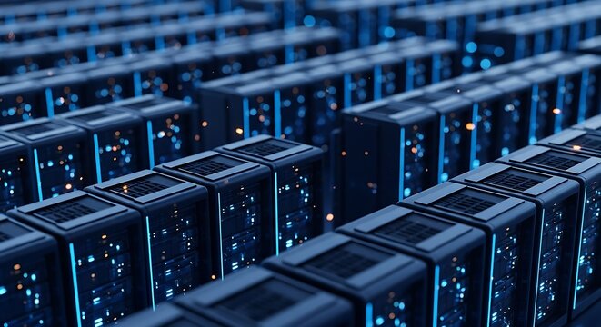 Rows of glowing blue server racks in a modern data center, symbolizing technology, network infrastructure, and information processing - Powered by Adobe