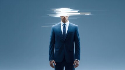 A surreal image of a man in a suit with a distorted or blurred head, symbolizing concepts of identity, perception, or mental state.